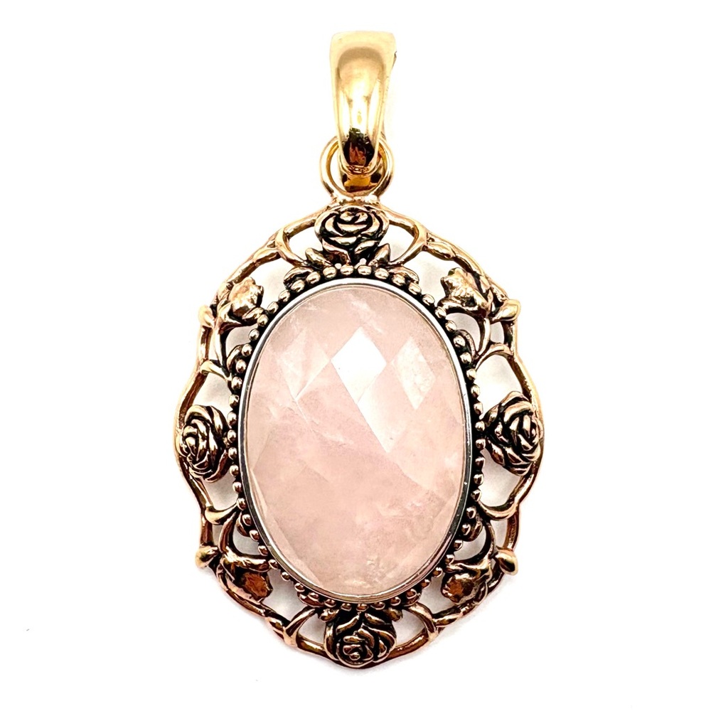 Barse 925 Floral Rose Quartz Oval Pendant | Copper Over Sterling Silver